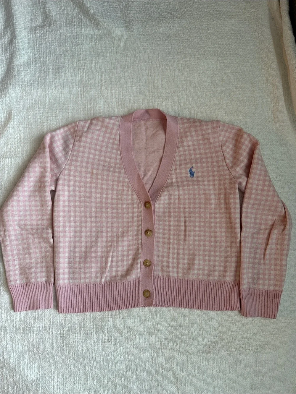 Girls Polo Ralph Lauren Pink Gingham V-Neck Button Cardigan